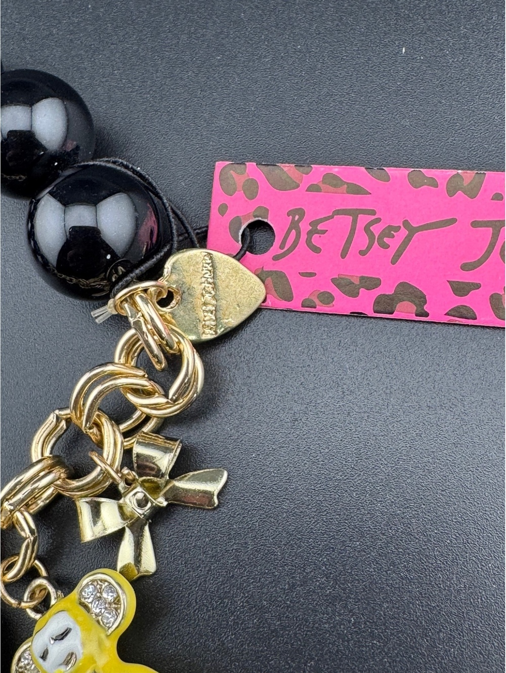 Betsey Johnson Black Beaded Charm Bracelet with Yellow Mouse - Picture 3 of 3